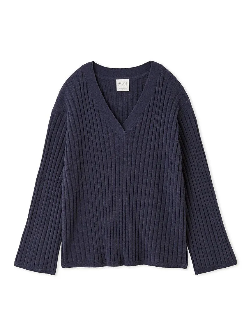 Airy Moco Ribbed V-neck Pullover