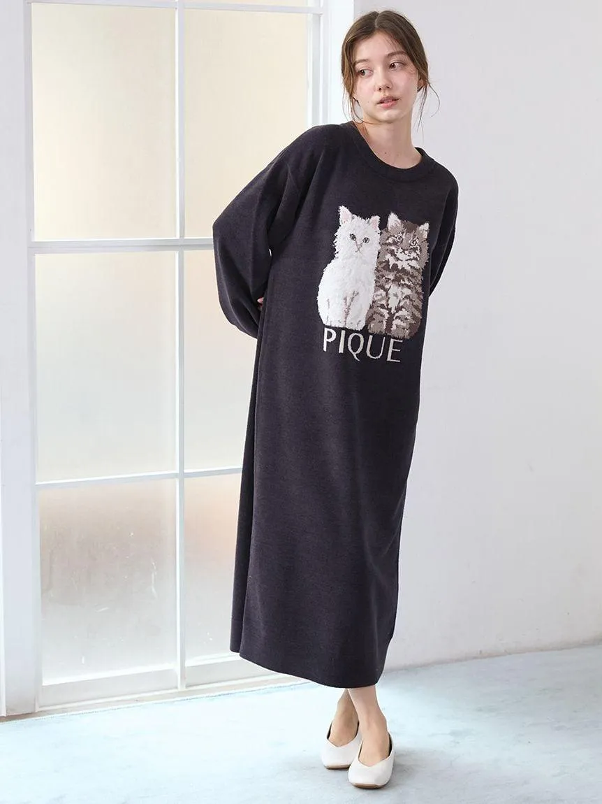Airy Moco Twin Cats Jacquard Dress gallery 3