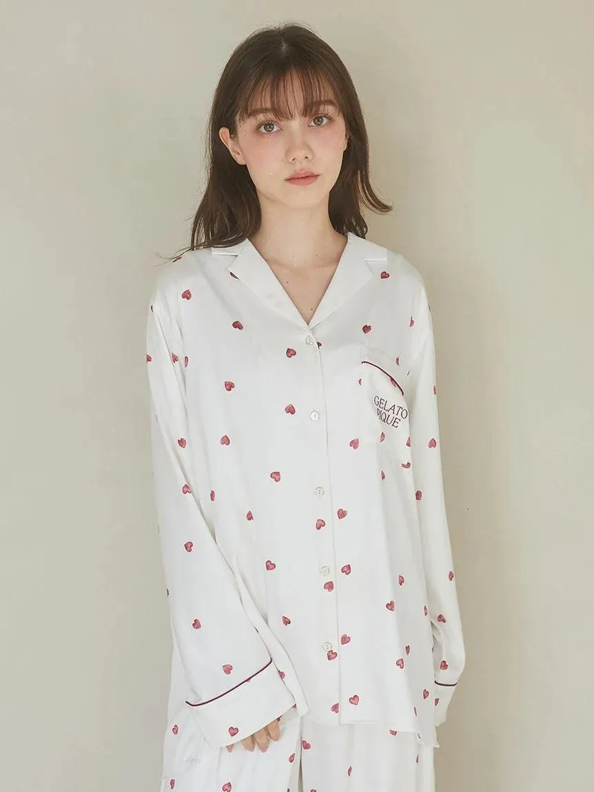 Heart Pattern Satin Pajama Shirt gallery 5