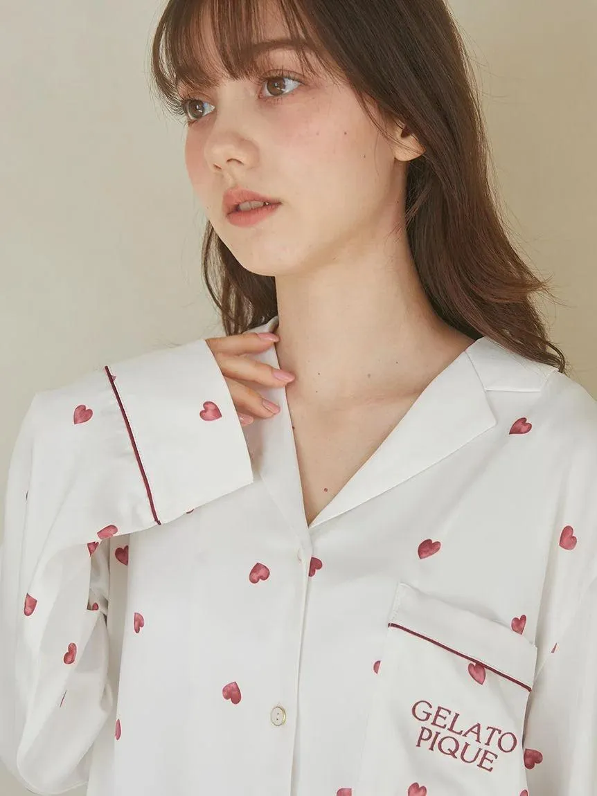 Heart Pattern Satin Pajama Shirt gallery 2